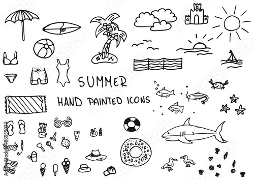 Summer hand painted doodles, icons. Swim suits, beach, bathing suit, sun umbrella, shark, fish, crab, glass, palm.
