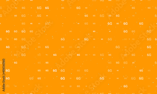 Seamless background pattern of evenly spaced white 6G symbols of different sizes and opacity. Vector illustration on orange background with stars