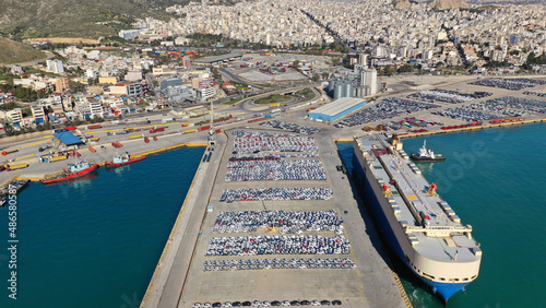 Aerial drone photo of international car terminal and Ro Ro boat terminal in Keratsini area, Piraeus, Attica, Greece