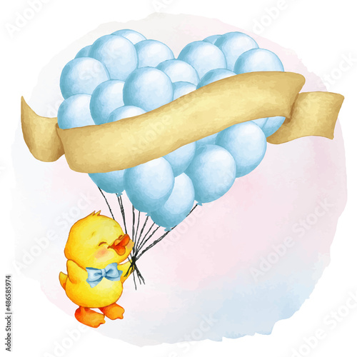 illustration of baby duckling with blue balloons