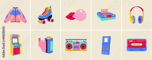 Classic 80s-90s elements in modern style flat, line style. Hand drawn vector illustration: jacket, cube, lips, headphones, roller skate, cassette, recorder, camera roll. Fashion patch, badge, emblem.