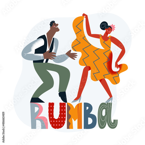 Rumba dance to latin music of couple people, motion of dancers and rumba lettering