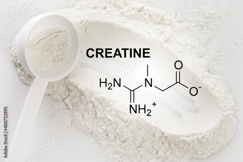 Scoop of creatine monohydrate supplement and chemical formula