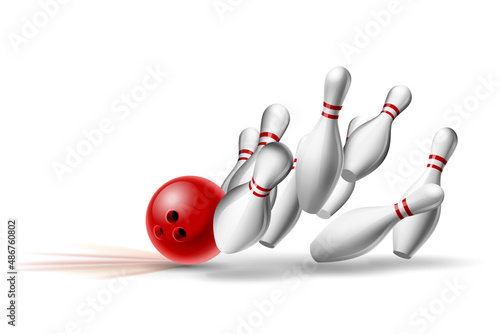 Red Bowling Ball crashing into the pins. Illustration of bowling strike isolated on white background.