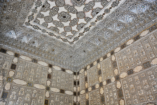 Jaipur, India - Closeup of Diwan-e-Khas, Hall of Private Audiences also called Sheesh Mahal, Hall of Mirrors at third courtyard in Amber Fort, Rajasthan