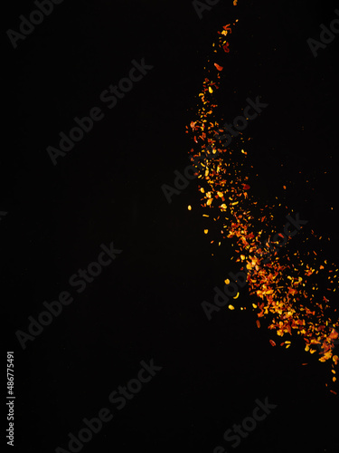 Isolated on a black background spices in a frozen flight. Cooking, ingredients for oriental dishes, aromatic additives. Restaurant, hotel, cookbook, food blog.