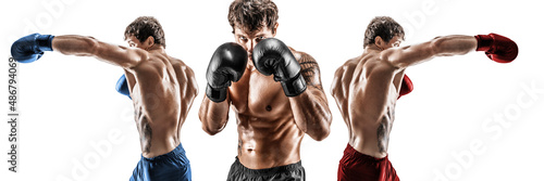 Creative collage of professional boxer who training isolated over white background. Sport concept 