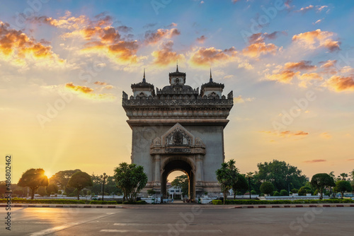 Vientiane Laos, sunrise city skyline at Patuxai (Patuxay) the most famous landmark in Vientiane