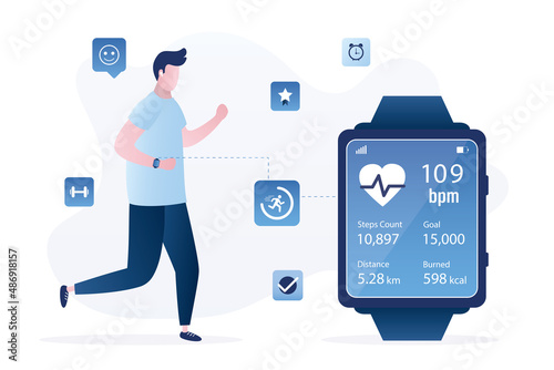 Sportsman uses smart watch for counting steps. Fitness tracker with mobile phone app - step counter, pedometer, activity heart rate monitoring. Modern wireless technology.