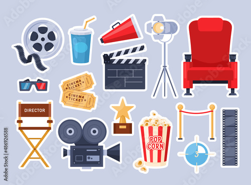 Cinema sticker elements. Vector set of movie icon with popcorn, drink, clapperboard, 3d glasses, tape, tickets, chair, video camera, megaphone. Cartoon Illustration for film industry, cinematography