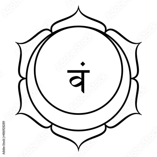 Svadhishthana, Sacral chakra, meaning where your being is established. Second chakra, located two finger-widths above Muladhara chakra. Lotus with 6 petals, crescent moon and seed syllable Vam, water.