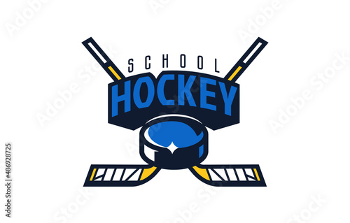 Ice hockey school logo, emblem. Colorful emblem of the puck and sticks on the background of the shield. Logo template for sports school, ice hockey training camp. Vector illustration