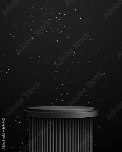 3D abstract studio room with pedestal or podium. Black geometric platform with gold glitter background. Luxurious cosmetic product display stage, showcase, advertising display.