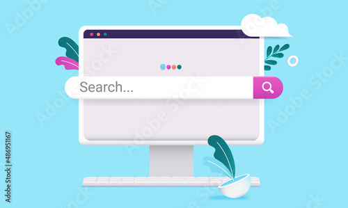 Computer screen with search bar - Vector illustration of desktop with search engine and decorative elements. Flat design on blue background