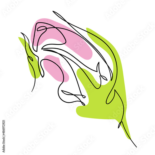Vector one line illustration of a stylized rosebud with pink and light green color shapes. Floral element for invitation, label or fashion design.