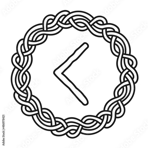 Rune Kenaz Kanu in a circle - an ancient Scandinavian symbol or sign, amulet. Viking writing. Hand drawn outline vector illustration for websites, games, engraving and print.