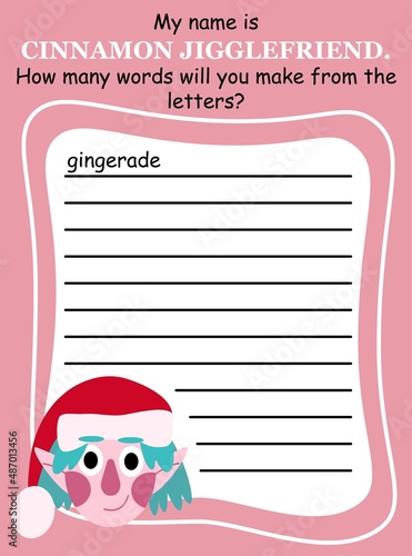 Funny anagram game with winter elf girl in English vector illustration. Educational word game colorful vertical printable worksheet. Create and write as many words as you can from given white letters