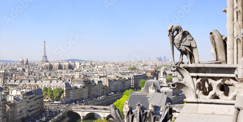 Top view of Paris (view from Catholic cathedral Notre Dame de Paris) and river Seine, France