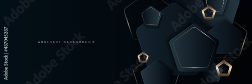 Modern luxury horizontal banner background with overlay dark blue golden geometric shapes layer and shadow decoration. Trendy simple pentagon shapes texture design. Luxury and elegant concept