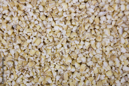 Barley groats texture. Texture of healthy vegetarian or vegan food