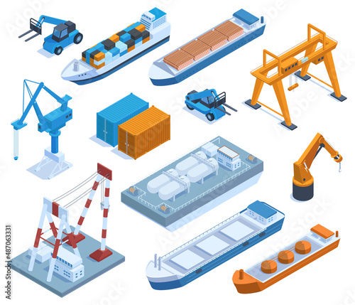 Isometric seaport elements, cargo ships, barges and containers. Marine port ships, cranes and shipping containers vector illustration set. Water transportation and logistic