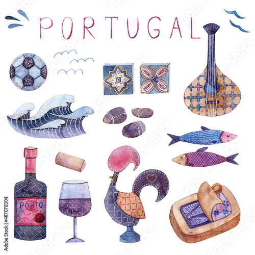 Watercolor Portugal illustrations, red wine, glass, guitar, cockerel, sardine, wave.