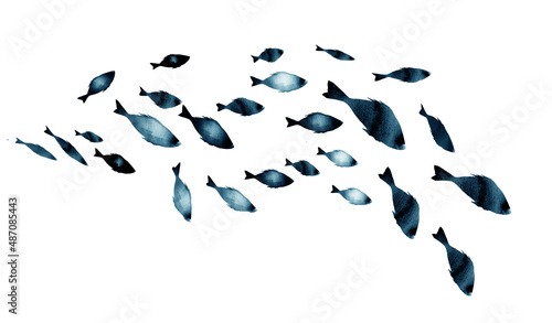 Silhouettes of groups of fishes on white. Watercolor