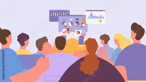 Business meeting in grand auditorium. Lecture class, team workshop or financial training. Two male coach on stage and charts, people crowd vector scene