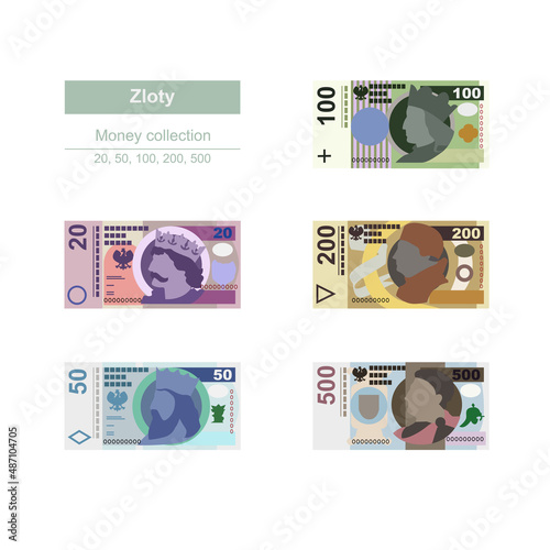 Polish Zloty Vector Illustration. Poland money set bundle banknotes. Paper money 20, 50, 100, 200, 500 PLN. Flat style. Isolated on white background. Simple minimal design.
