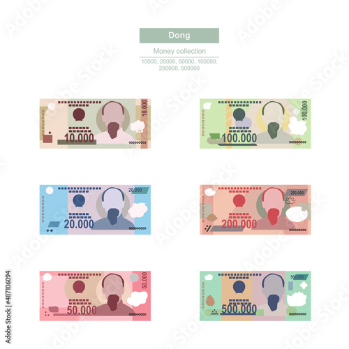 Vietnam Dong Vector Illustration. Vietnamese money set bundle banknotes. Paper money 10000, 20000, 50000, 100000, 200000, 500000 VND. Flat style. Isolated on white background. Simple minimal design.