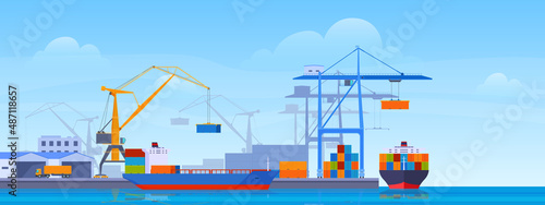 Sea port horizontal banner vector flat industrial cargo ships and containers work with crane