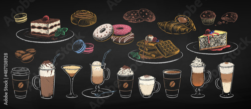 Chalk drawn set of coffee cups and desserts