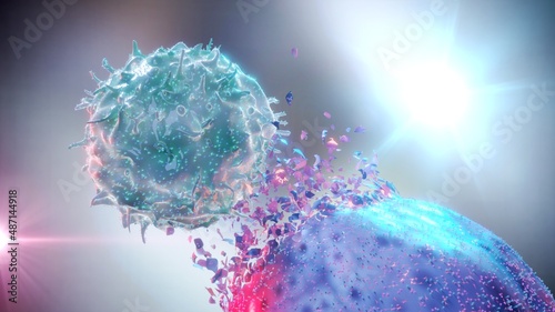 3D Rendering of NK Natural Killer Cell Attacking Cancer Cell