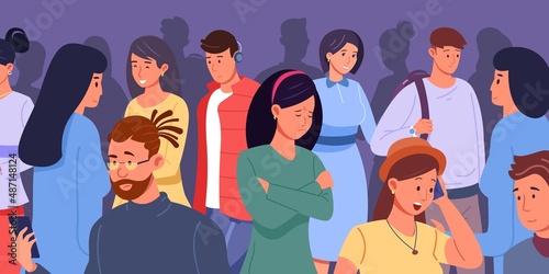 Depressive crowd. Sad teen girl behind parties people, social depression, mental burnout and anxiety face, solitude concept stress emotion, cartoon vector illustration