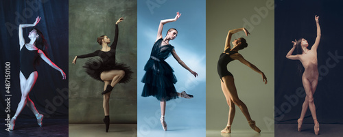 Flexibility and emotions. Collage of portraits of female ballet dancers dancing on dark studio background. Models in stage images.