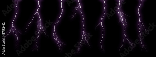 Set of different lightning bolts isolated on black background