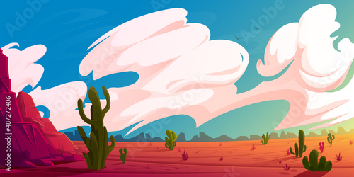 Desert landscape with mountains, cactuses and red dry ground at sunrise. Vector cartoon illustration of hot American or Mexican desert with rocks, plants, saguaro and clouds in sky