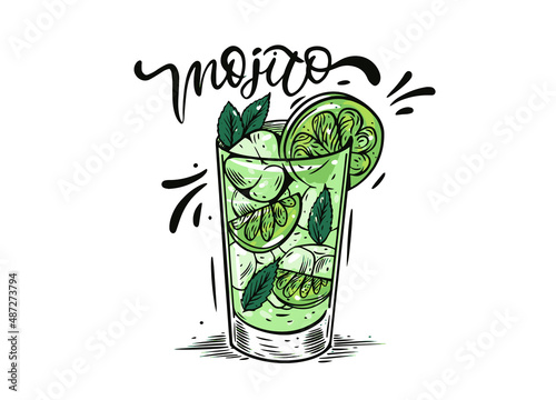 Mojito cocktail. Cute colorful vector illustration. Sketch line art style. Isolated on white background.