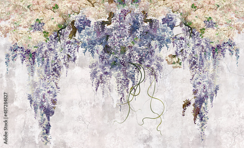 Beautiful lilac branches on the old grey vintage background. Lilac flowers. Blooming lilac. Floral background in loft, modern style. Design for wall mural, card, postcard, wallpaper, photo wallpaper.
