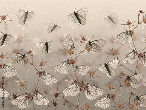 Drawn butterflies on thorns. Wall mural, wallpaper, in the style of classic, baroque, modern, rococo. Brown photo wallpaper design.