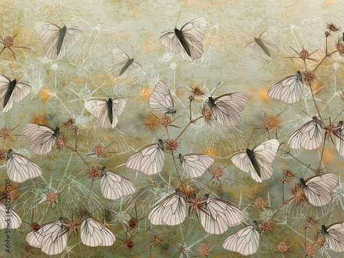 Butterflies on thorns painted on the grunge green wall. Beautiful design for postcard, card, picture, mural, wallpaper, photo wallpaper.