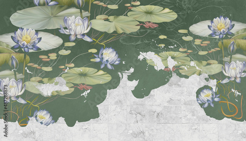 Water lilies, pitchers illustration. Flowers painted on concrete grunge wall. Beautiful modern mural, wallpaper, photo wallpaper, cover, postcard, card.