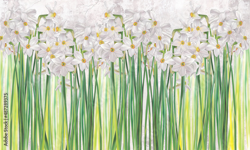Daffodils flowers painted on a grey concrete grunge wall. Floral background. Design for wall mural, card, postcard, wallpaper, photo wallpaper.