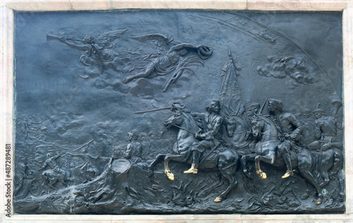 Bas-relief on the pedestal of the monument to Peter the Great in front of Saint Michael's Castle, Saint Petersburg, Russia. The bas – relief depicts a scene of the Battle of Poltava in 1714