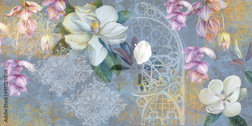 Design for mural, wallpaper, photo wallpaper, card, postcard. Floral background. Magnolia, jasmine flowers illustration.