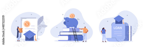 Education loan illustration set. Student characters investing money in education and taking student loan from bank. University and tuition fee concept. Vector illustration.