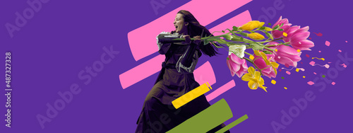 Contemporary art collage. Idea, inspiration, aspiration and creativity. Brutal medieval knight with flowers on bright neon background. Concept of comparison of eras, women's day