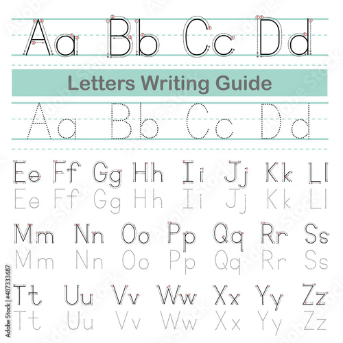 Letter Writing Guide. Tracing letters. Uppercase and lowercase letter Engish alphabet