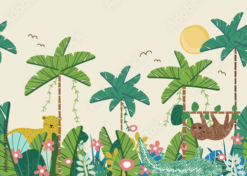 Cute jungle wallpaper for kids. Tropical seamless pattern. Vector hand drawn illustration.