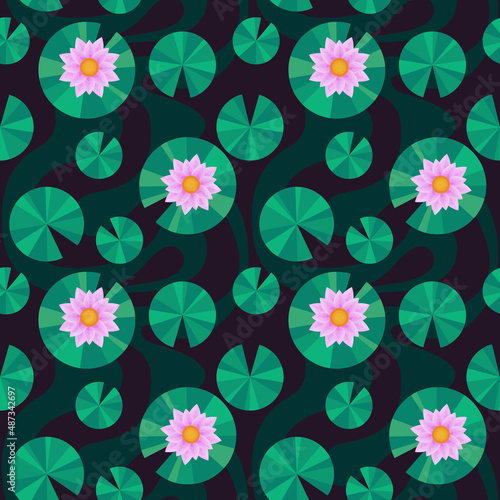 seamless pattern with water lilies. floral print with lotuses. vector illustration. geometric ornament. pink flowers on a dark green background.